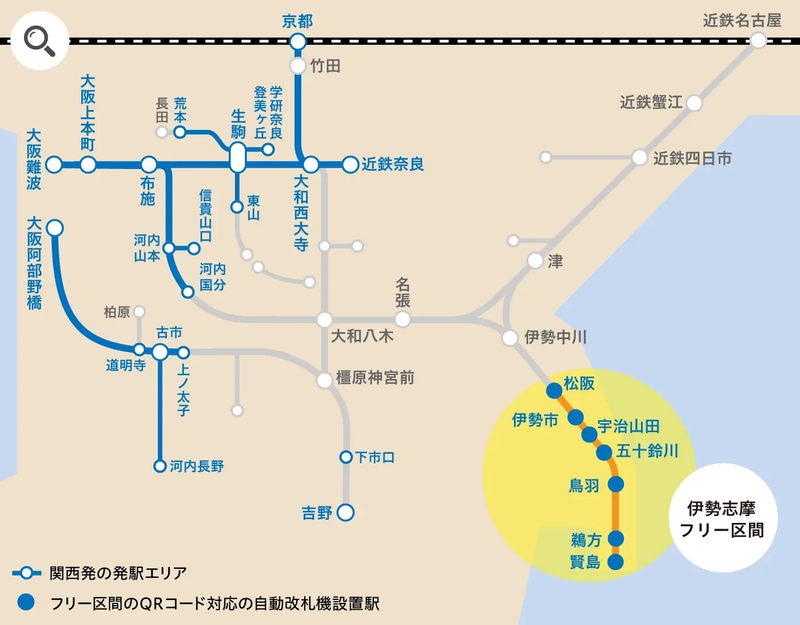 伊勢志摩フリー区間と周辺観光地の案内図